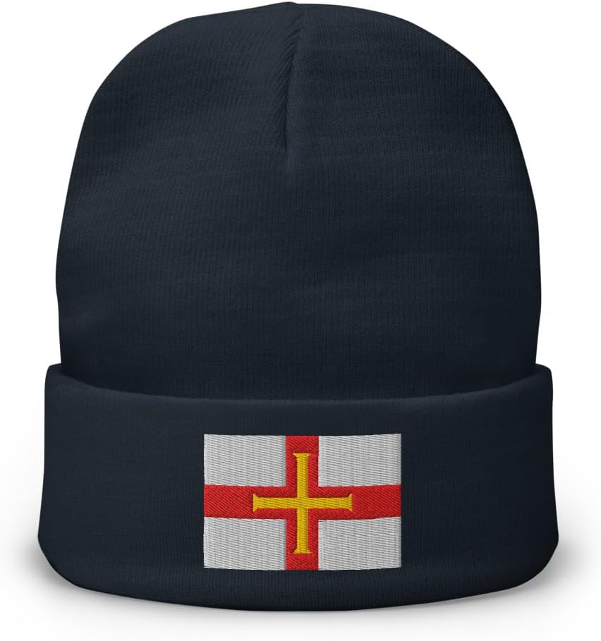 Guernsey Beanie - Flag of Guernsey Embroidered Cuffed Winter Beanie Hat - Guernsey Island Channel Islands Souvenir Gifts