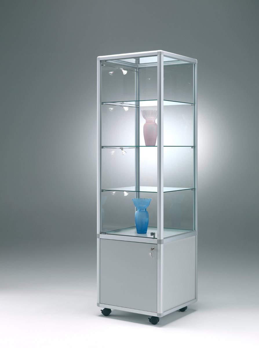 Glasvitrine mit Rollen T 52,5 x B 52,5 x H 184,5 cm - schmale Ausstellungs-Vitrine mit Unterschrank abschließbar - Glas Vitrinenschrank - Spiegel-Rückwand - ohne Beleuchtung