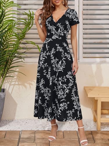 Image of HUHOT Women's Short Sleeve Wrap V Neck Dresses for Wedding Guest Summer Floral Maxi Sundresses with Pockets Boho Dress