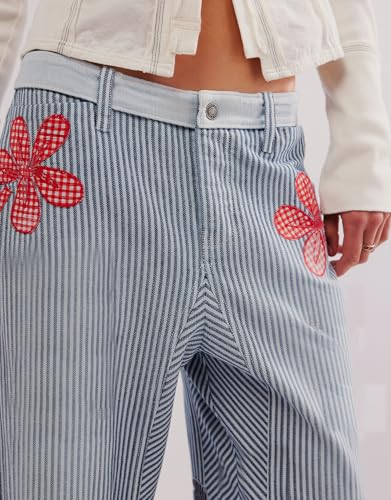 Kedera Women's Striped Pants Wide Leg Trousers Casual High Waisted Fun Pants Flare Leg Barrel Jeans with Floral Patches3