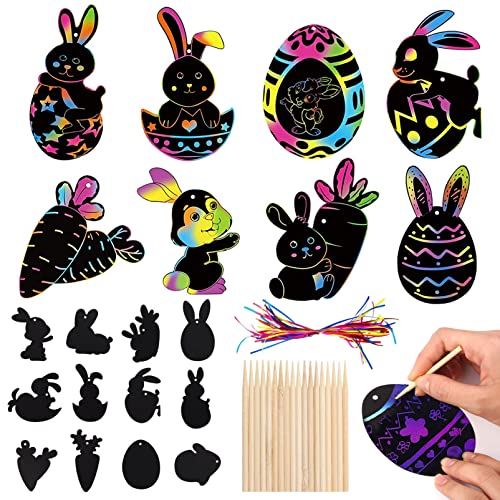 Scratch Art para Niños,48 Piezas Tarjetas de Arte para Rascar con 24 Palitos de Madera y 48 Cintas,para Decoraciones Pascu,Decoración del Hogar Cover