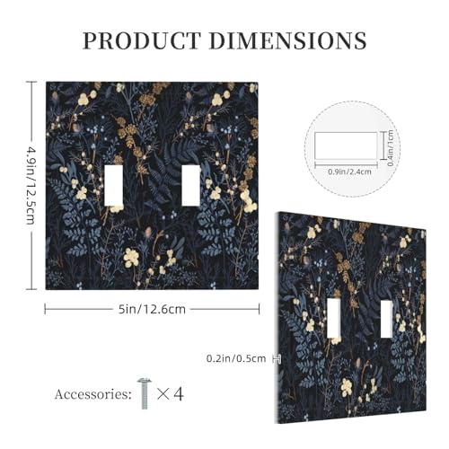 Decorative Switch Plate Covers Rustic Navy Dark Blue Leaves Golden Floral 2 Gang Light Switch Cover Plate Unique Double Toggle Wall Plate Light Switch Covers for Bedroom Home Decor
