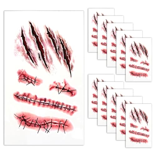 10 Sheets Halloween Zombie Scar Tattoos Halloween Makeup Scar Stickers with Fake Scab Blood Realistic Special FX Costume Makeup Props Temporary Stickers for Party Waterproof Tattoos for Men Women