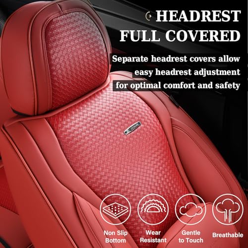 Image of Coverado Seat Covers, Car Seat Covers Front Seats, Waterproof Nappa Leather Auto Seat Cover with Lumbar Head Pillow, Red Seat Covers Carseat Cover Universal Fit for Most Cars