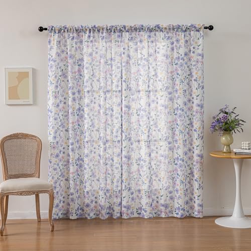 Image of SUOUO Violet Floral Semi Sheer Curtains Linen Textured for Living Room Patterned Leaves 96 inches Long Window Drapes for Dining Bedroom 2 Panels