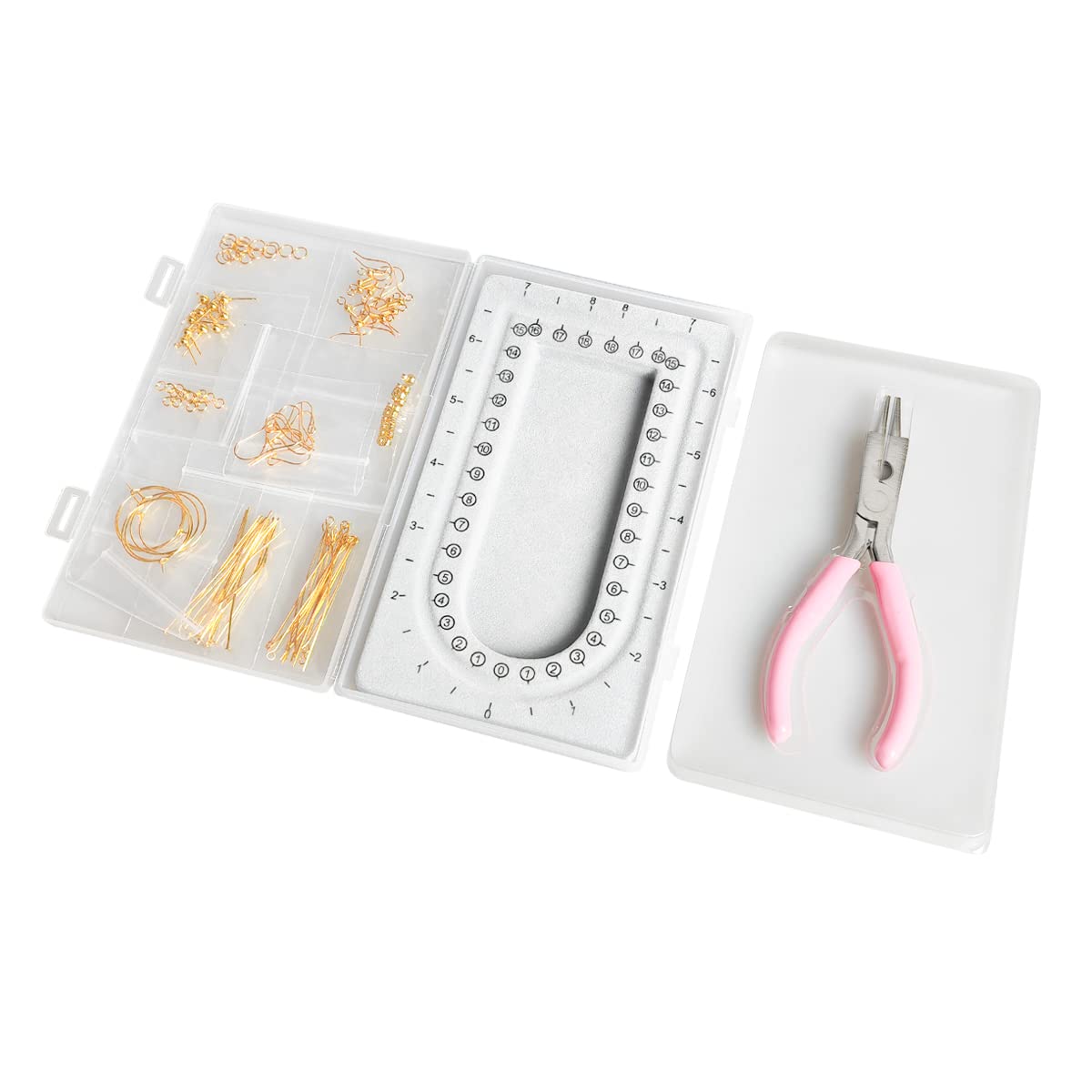 hobbyworker The Mini Jewelry Making Kit,Includes Bead Board,Jewelry Pliers,Jump Ring Opener,Earring Hooks,Earring Stopper,Head Shaped Eye Head Pins Needles and Storage Box for Earring Making