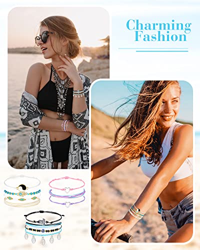 Image of Hicarer 21 PC Surfer Wave Friendship Bracelet Set Waterproof Adjustable Boho Beach String Anklets Bulk, Summer Gift for Women