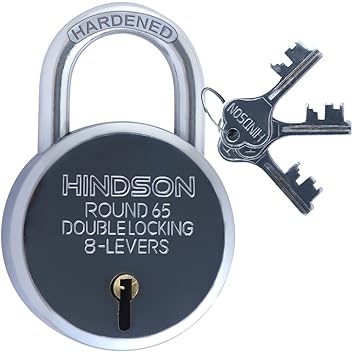HINDSON Lock and Key Door Lock for Home, gate, Shutter Round 65mm 3 Key 8 Lever Silver Finish, (Round 65 Hardened Pack 1)