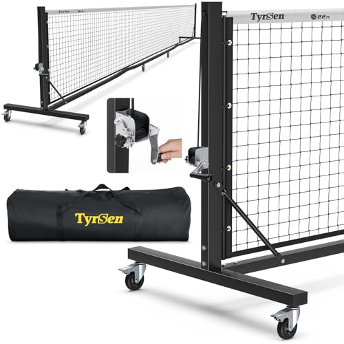 TYRSEN Pro 22ft Pickleball Net with Hand Crank Tension System, Anti-Sag, Tournament Size, Heavy-Duty Frame for Indoor/Outdoor Courts, Lockable Wheels, Easy Setup, Includes Carry Bag (White & Black)
