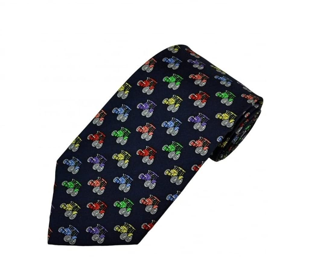 Farm Cottage Brands Men's Blue Woven Navy Silk Tie Adorned With Different Colour Tractors