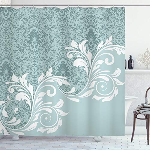 ABAKUHAUS Vintage Duschvorhang, Retro Blumen Efeu-Strudel, Stoffliches Gewebe Badezimmerdekorationsset mit Haken, 175 x 200 cm, Blaugrau Babyblau