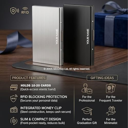 Image of Mini2buy Personalized Name Engraved Wallet RFID Protected Store up 10-12 Credit /Debit 15-20 Business Visiting Cards 9.5 x 6.6 x 1.9 cm Perfect for Employee Design Suitable for Unisex (Customozed)