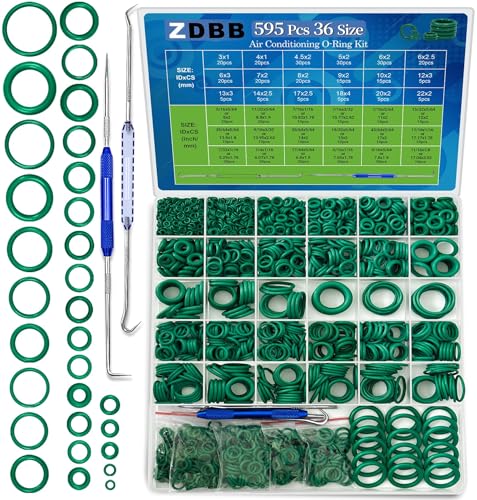 Image of ZDBB 595 Pcs Automotive AC O Rings Kit, SAE and Metric Air Conditioning Orings Assortment Set for Car A /C Compressor and Professional Plumbing Faucet Seal Repair with 4 Pick & Hook (Green)