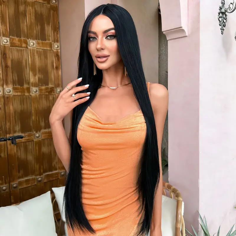 Pelucas largas sintéticas rectas para mujer, 26 pulgadas, parte media, peluca recta de aspecto natural, peluca de fibra sintética resistente al