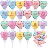 Gemscream 24 Pcs Valentine‘s Day Conversation Heart Balloons Self Inflatable Heart Balloons with Bow Rod 4 Inch Mini Valentine Decoration for Wedding Birthday Engagement Party Supplies