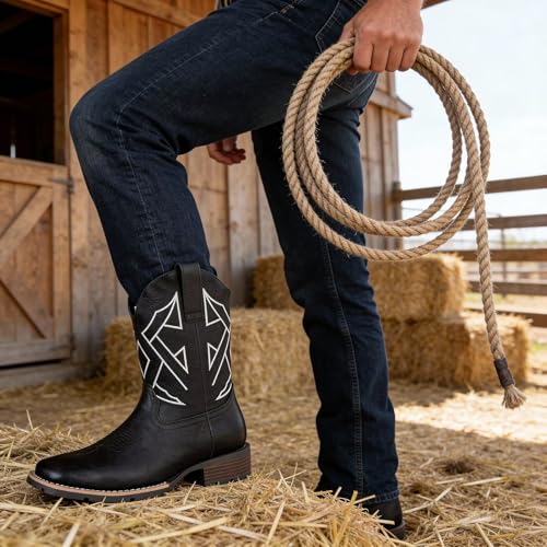 Image of Cowboy Boots for Men Western Square Toe Embroidered Slip Resistant Durable Ankle Boots for Spring Fall