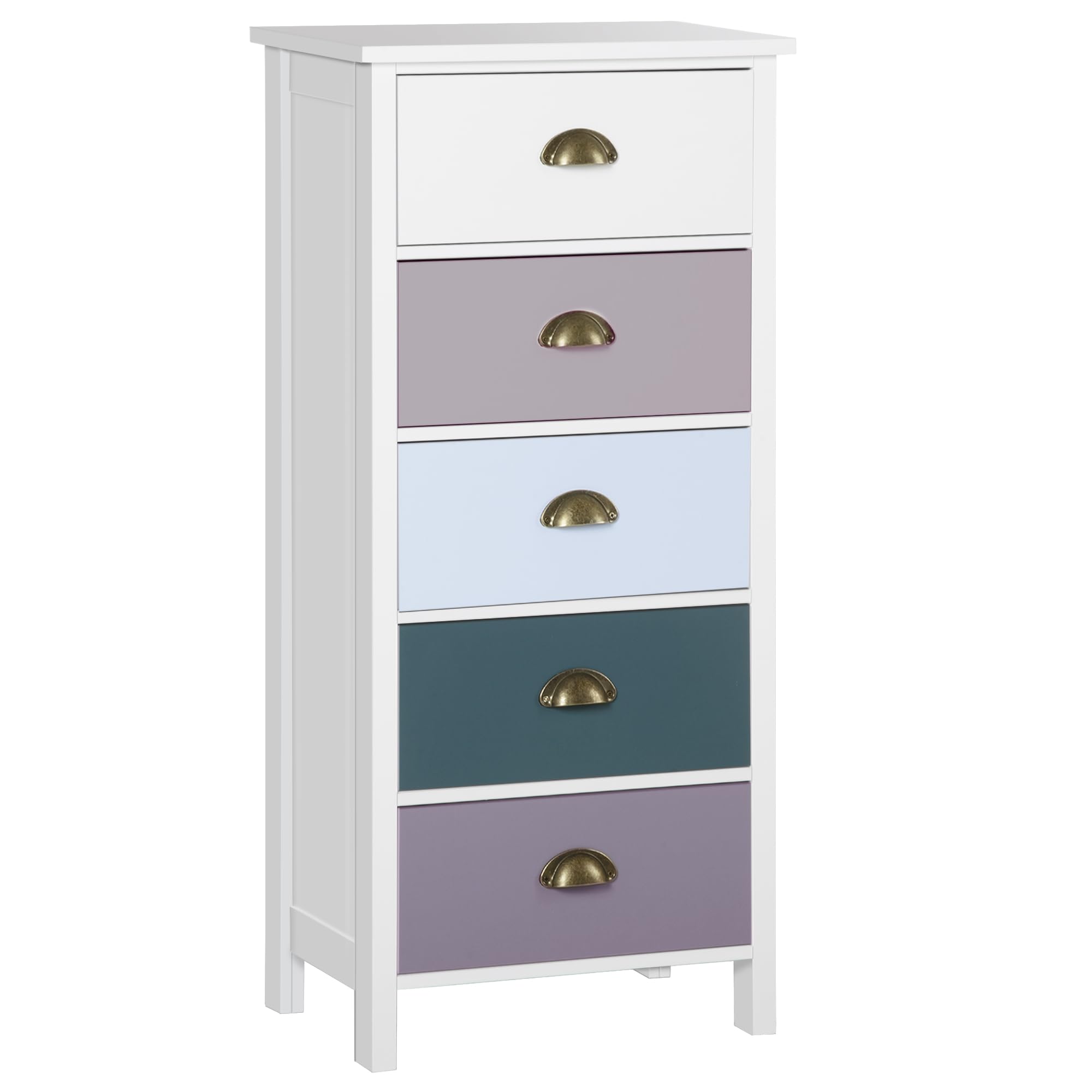 HOMCOM Chiffonnier Commode 5 tiroirs 45L x 30l x 95,4H cm Multicolores | Meuble de Rangement, Poignée Métal Coquille, MDF