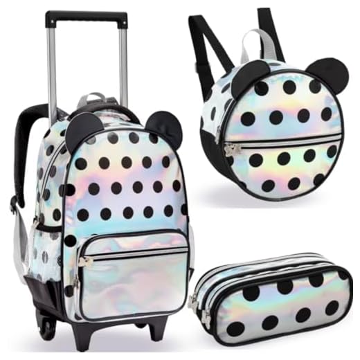 Conjunto Mochila Escolar Infantil com Rodinhas, Holográfica com Bolinhas, 3 Peças - Mochila, Lancheira e Estojo