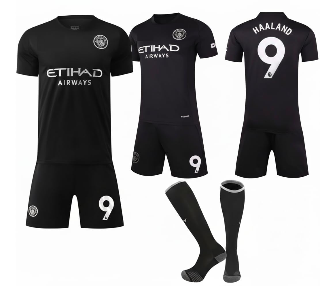 Haaland #9 Soccer City away Jersey for Football Jersey New Season Manchesterr Home/Away Socks Football Shorts Kit Gift Set Kids/Youth and Mens 12-13 Years