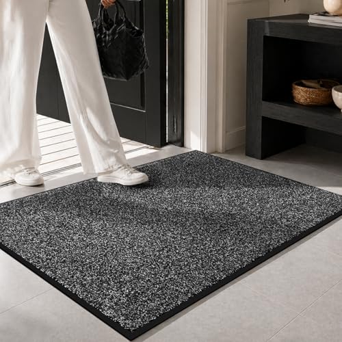 Mibao Front Door Mat, Dirt Trapper Welcome Mat for Outdoor Indoor, Non-Slip Waterproof Doormat, Durable Machine Washable Low Profile Entry Rug for Back Door Outside Patio Porch, 32' x 20', Grey