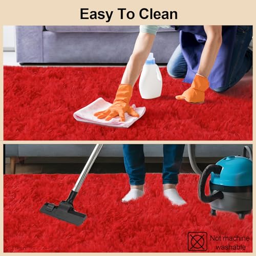 Red Rugs for Bedroom, 2x3 Fluffy Area Rugs for Living Room, Soft Shag Kids Rug Small Carpet with 4 Non-Slip Rug Pads (Red, 2ft x 3ft)