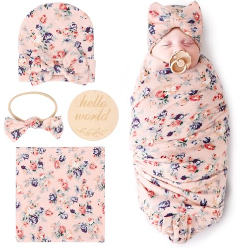 Image of DRESHOW BQUBO Baby Girl Newborn Receiving Blanket with Bow Hat Headband Wooden Birth Announcement Card Set Baby Floral Print Nursery Swaddle Wrap
