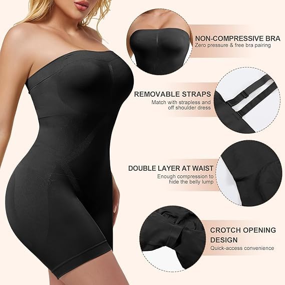 Image of Women's Seamless Tummy Control Shapewear Bodysuit with Adjustable Straps | Slimming Full Body Shaper with Shorts | Body Compression for Under Dresses (Pack of 2)