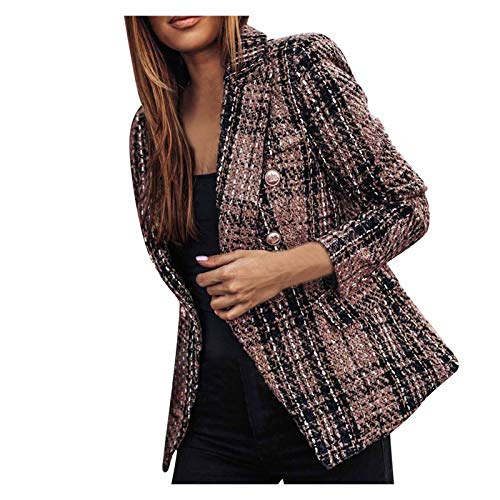 Summer Blazer for Women Plus Size Blazer for Women Long Blazer Plaid Check Suit Satin Jacket Formal Cardigan Pocket Blazer Set,Dress Jackets for Women Brown