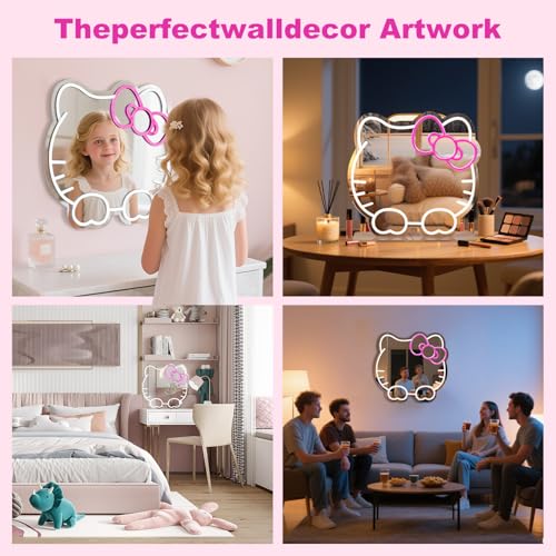 Image of Hello Kit Vanity Mirror with Lights, Pink Room Decor for Girls, Neon Sign Led Wall Mirror with Base Suitable for Desktops, Wall, Bedrooms Decor, Children'S Favorite Anime Neon Mirrors with Dimmable