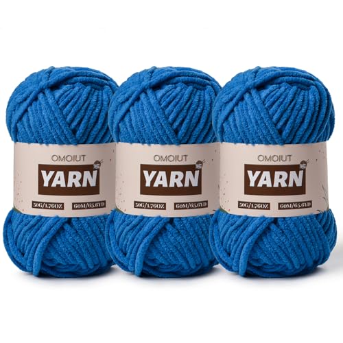 Image of 3 Packs Plush Chenille Chunky Crochet Yarn - Baby Yarn for Crocheting Soft - Velvet Yarns Knitting for Blankets Crafts - Fluffy Amigurumi Yarns 150g / 196.8yds (3 Blue)