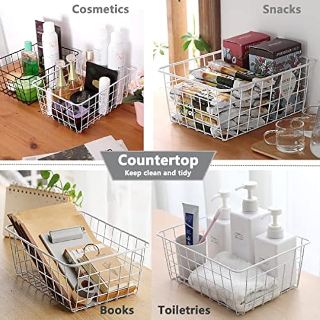 4 Pack White Wire Baskets for Organizing Office Wire Storage Basket White Metal Storage Baskets for Pantry Kitchen Bins Freezer