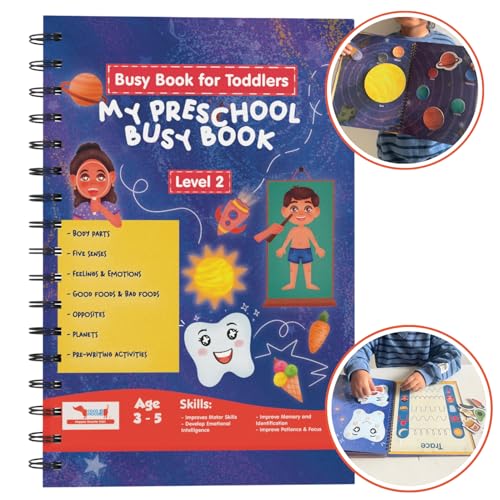Image of CocoMoco Kids My Preschool Busy Book For Toddlers Level 2 With Body Parts,Planets,Opposites,Emotions | Quiet Book For Kids Learning Toys For 3-5 Year Olds | Montessori Learning (Pack Of 5),Multicolor