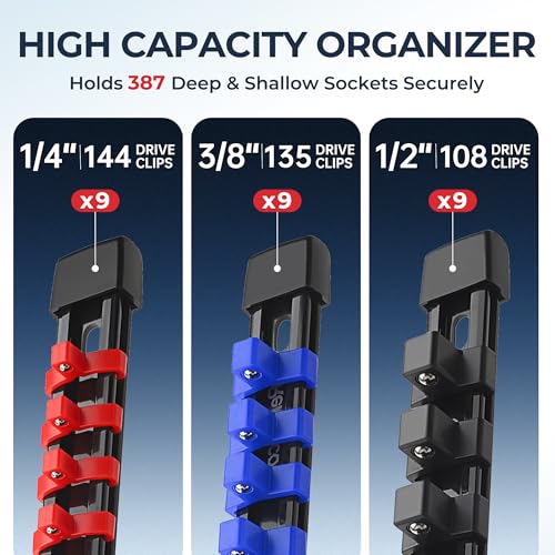 Image of Reniteco 27-Pack Socket Organizer Set, 1 /4 inch x 144 3 /8 inch x 90 1 /2 inch x 72 Clips | 306 Clip Capacity, Havy-Duty ABS Socket Rails, Removable Clips, Drive Socket Storage, Toolbox Drawer or Wall Mount