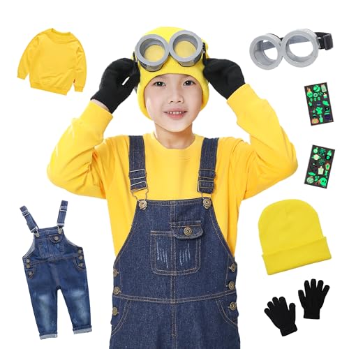 [Buoniganuo] ハロウィン コスプレ 子供 仮装 7点セット ハロウィン 仮装【黄色いトレーナー オーバーオール ニット帽 ゴーグル 手袋 専用蓄光タトゥーシール】コスプレ キッズ ニット帽 衣装 子ども クリスマス 男の子 女の子-100のサムネイル