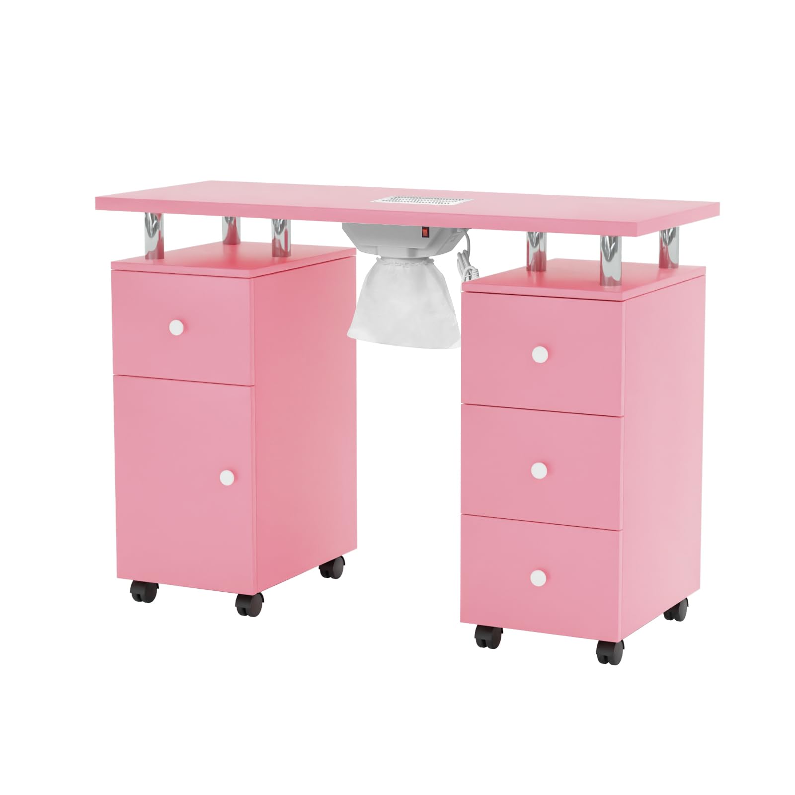 OmySalon Manicure Table Nail Desk for Nail Tech, Nail Table Station w/Electric Dust Collector, Nail Makeup Beauty Salon Storage Acetone Resistant w/Lockable Wheels,Wrist Cushion,4 Drawers&Cabinet