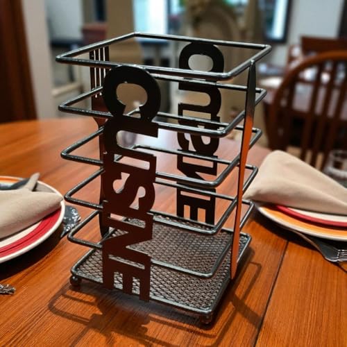 Image of DULI Multi Utility Iron Cutlery & Bathroom Stand with Cuisine Design | Black Coated Metal Organizer for Kitchen Utensils, Spoons, Forks & Bathroom Accessories (10 x 10 x 15 cm) (Cuisine Stand)
