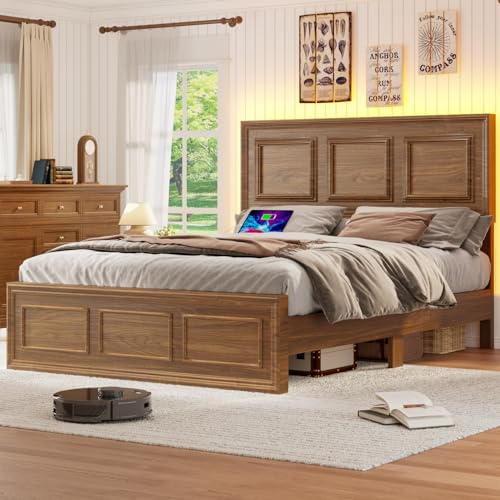 Incyneva Queen Bed Frame with Headboard Height Adjustable, Farmhouse Platform Bed Frame with LED Light and Charging Port, No Box Spring Needed, Noise Free, Geometric Design & Vintage Brown