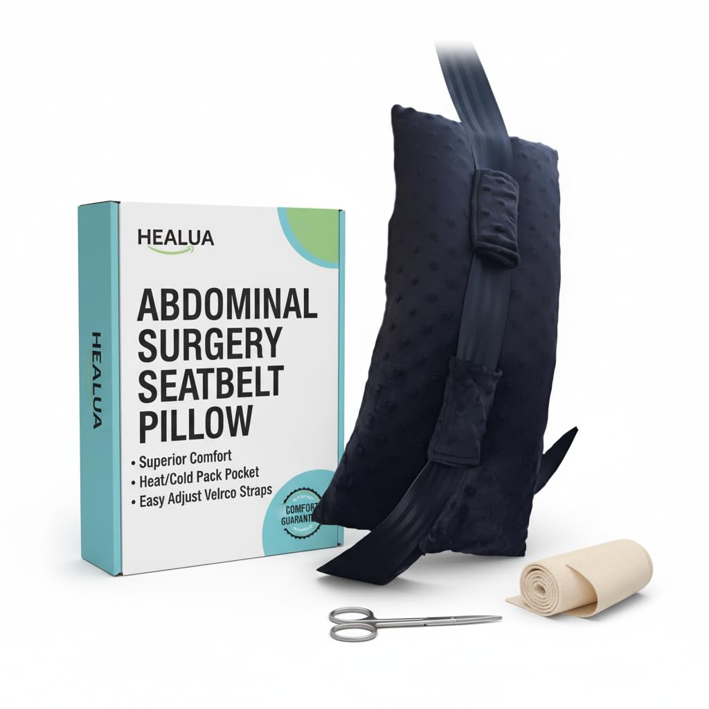 Healua Black Abdominal Surgery Seatbelt Pillows Hysterectomy Pillow With Pocket For Heat/Cool Pack - Myomectomy Comfort Cushion For Belly Incision Tummy Tuck C-Section Recovery Gifts