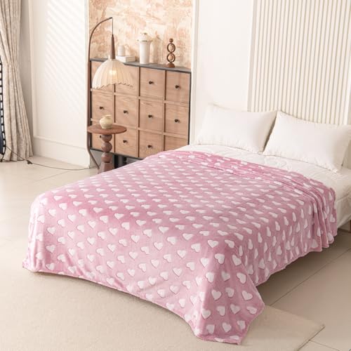 Glow in The Dark Throw Blanket Soft Pink Heart Throw Blanket with Luminous Heart Pattern Cozy Soft Blanket for Couch Sofa Bed Cute Heart Design Blanket All Season Use 60 x 80 Inches