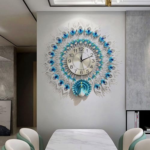 FMTAD Large Peacock Wall Clock 23.6 inch Non-Ticking Silent Crystal Creative Personality Modern Art Decorative Wall Clocks for Living Room Decor