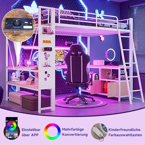Miniatura 6 de Lubvtti Cama Alta De Hierro 140 X 200 Con Led, Puerto Usb, Escritorio, Espacio De Almacenamiento, Estantes Múltiples, Panel Perforado, Litera Para Niños, Estructura De Cama Para Niños, Color Blanco