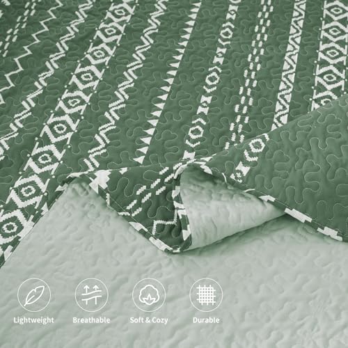 LEAONME 3 Pieces Full Queen Size Olive Green Quilt Set with Checkered Pattern Lightweight Oversized Bedspread 90''x98'' Soft Coverlet Warm Bed Cover for All Seasons (1 Quilt, 2 Pillow Shams)