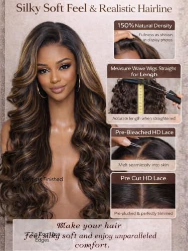 Image of Beauty Forever 7x5 Bye Bye Knots 2.0 Balayage Brown Highlight Body Wave Glueless Wig Human Hair Wear and Go Lace Front Wig Pre Cut HD Lace Pre Plucked Drawstring Wig 150% Density 18 Inch
