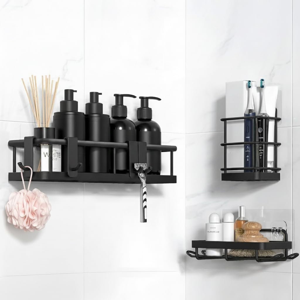 3-Pack Shower Caddy, Rustproof Iron Bathroom Shelves, No-Drill Shower Organizer Set with Soap Tray, Toothbrush Holder & 4 Hooks, Bathroom Organizer for Home/Dorm/Apartment (Black)