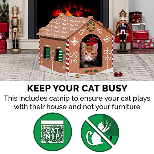 Image of Furhaven Pet Furniture for Cats and Kittens - Decorated Gingerbread Christmas House Corrugated Cat Scratcher Hideout with Catnip, Holiday Print, One Size
