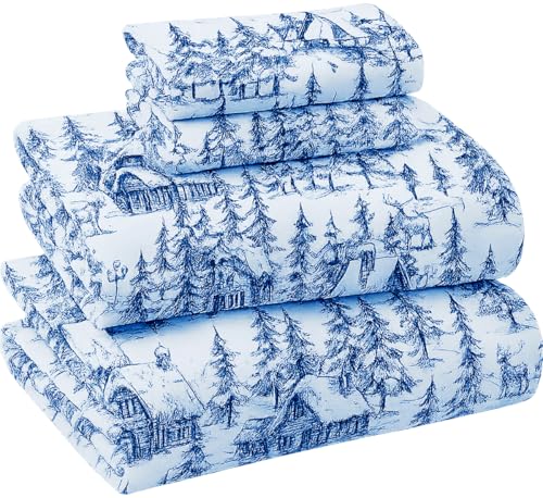Image of Briarwood Home Printed Flannel Sheet Set, 100% Natural Cotton, Soft, Warm & Deep Pocket, Advanced Nano-Tech Making it Resistance to Pilling; Brushed 6 Times for Softness (Blue Sylvania, Queen)