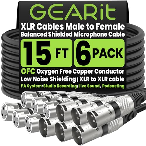 Image of Gearit XLR Microphone Cable (15 Feet, 6-Pack) - Male to Female 3-Pin Balanced Shielded Cable for Mic Mixer, Recording Studio, Podcast - Black, 15ft