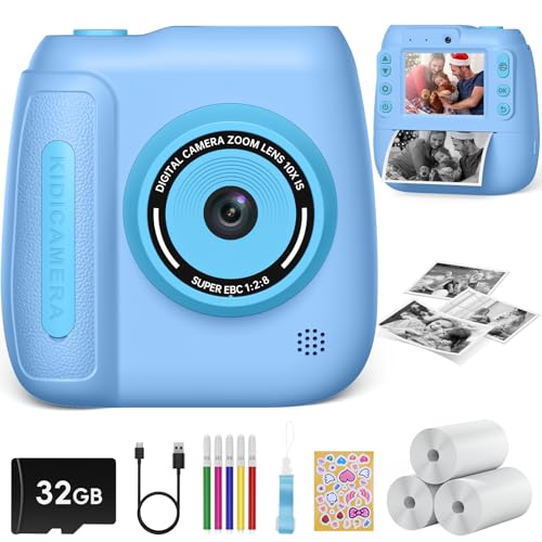 Hangrui Appareil Photo Instantané Enfant, 2.4' Écran Appareil Photo Numérique Enfant avec Carte de 32GB & 3 Rouleaux de Papier d'impression,Cadeau Jouet pour Enfant Garçons Filles de 3-9 Ans -Bleu