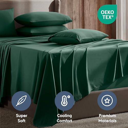 Image of Nestl Extra Deep Split King Sheet Set - 7 Piece Breathable & Cooling Sheets - Hotel Luxury Bedding Set w /18-24 Inch Deep Pockets - Easy & Secure Fit - Super Soft, Wrinkle Free & Comfy - Dark Green