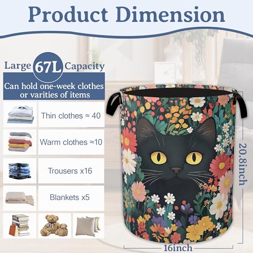 Image of Cute Funny Black Cat Laundry Basket,Oxford Cloth Flower Laundry Hamper With Handle Foldable Portable Clothes Storage Basket for Laundry Room /Bedroom /Bathroom 20.8 inchx16 inch